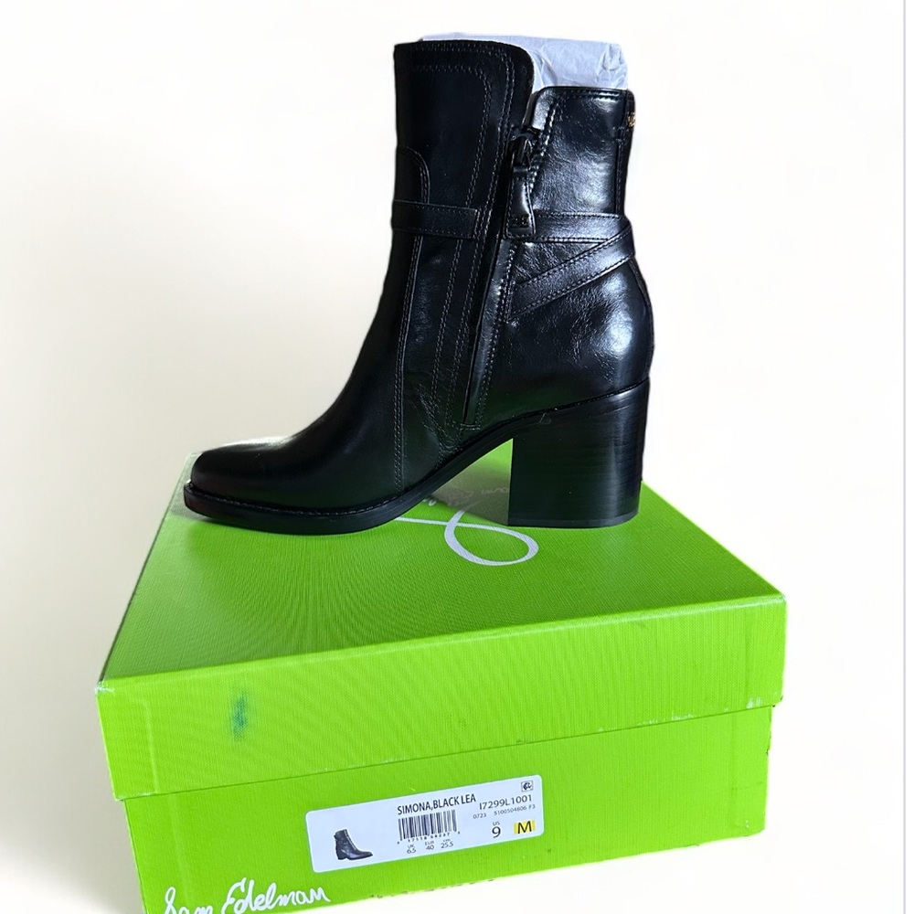 NIB Sam Edelman Simona Black Leather Block Heel Booties Size 9 - Picture 5 of 12